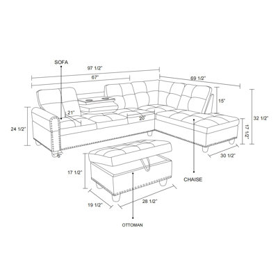 Ahuva 97.2" Wide Linen Sofa & Chaise with Ottoman by Lark Manor