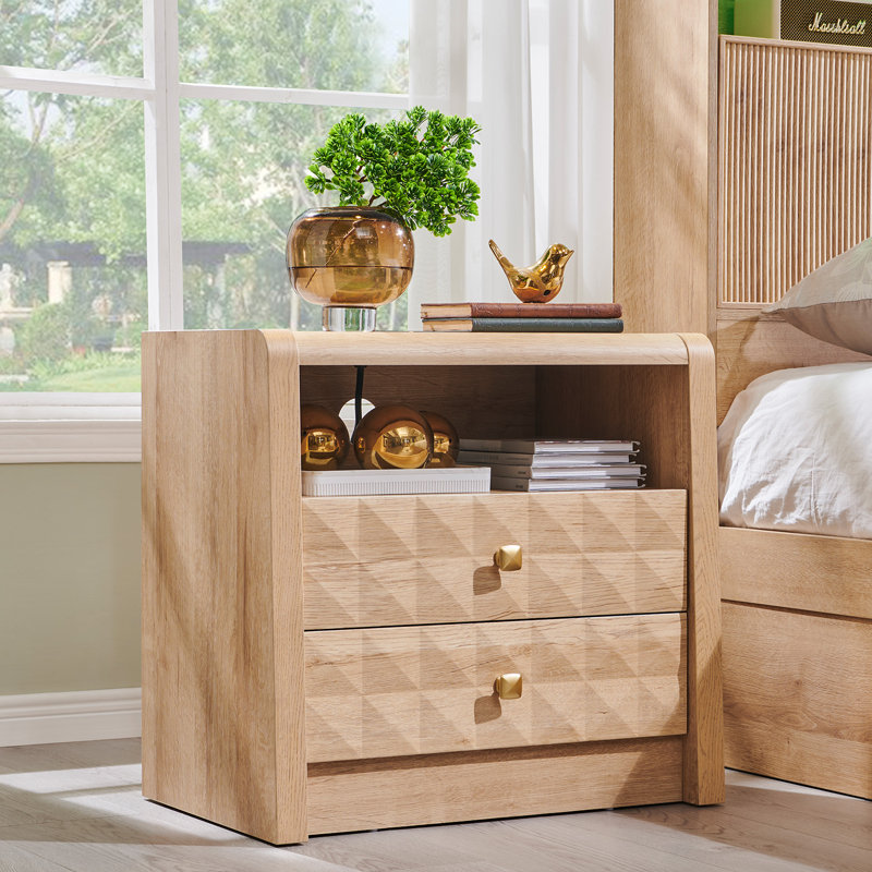 Table de bout moderne avec station de charge, table d'appoint en bois texturé à losanges avec 2 tiroirs de rangement, table d'appoint de 23,6 po de largeur avec contour incurvé