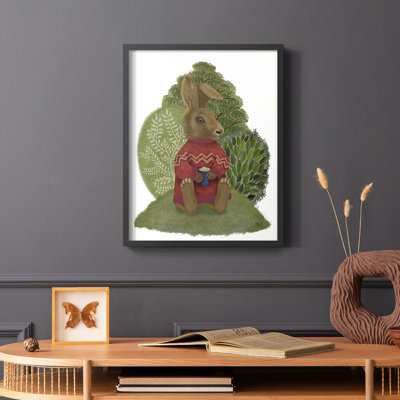 Lapin latte dans un chandail, reproduction encadrée - bois massif