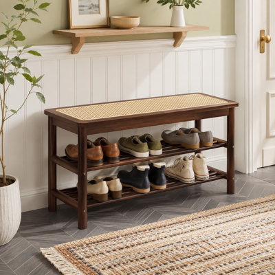 Banc de hall d'entrée en noyer de bambou avec siège en rotin tissé, rangement pour chaussures à 2 niveaux, 31,5 pouces de long, parfait pour le couloir ou le vestibule
