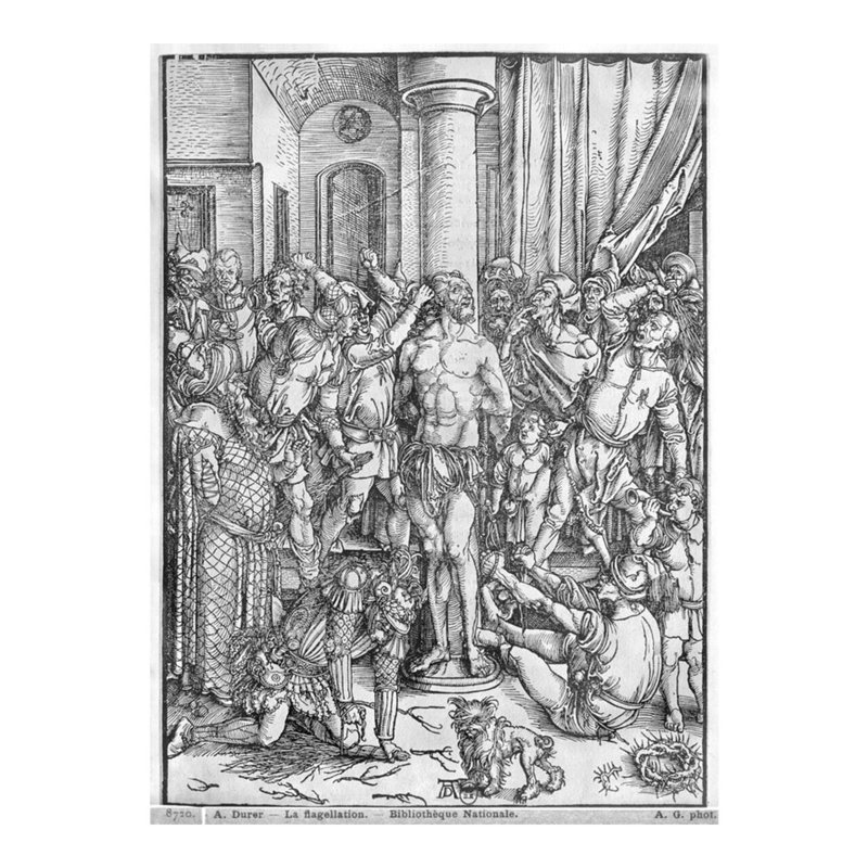 «The Flagellation of Jesus Christ» (gravure sur bois) (photo noir et blanc) par Albrecht Dürer - Estampe numérique