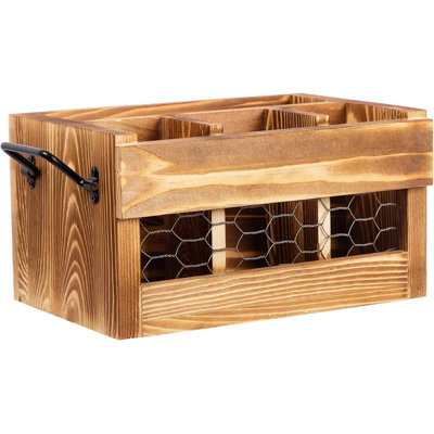 Porte-ustensiles rustique en bois brun patiné avec porte-serviettes en métal noir