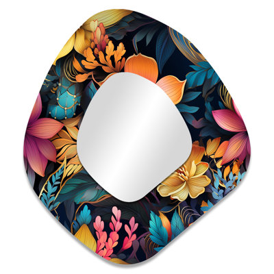 Moroccan Oasis Ii Botanical Pattern - Botanical Unique Shape Mirror, Blue Freeform Unique Wall Mirror, Printed Metal Art