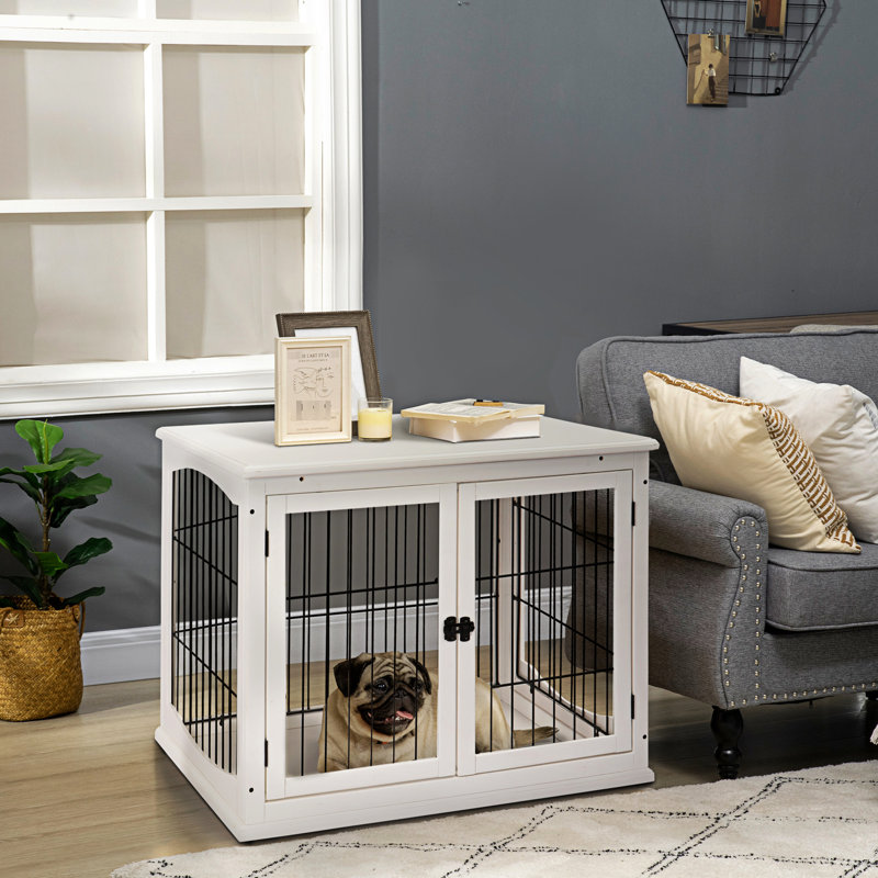 Table de petit chenil pour chien, porte verrouillable, deux entrées, jolie table de bout blanche, ouvertures, décorative,
