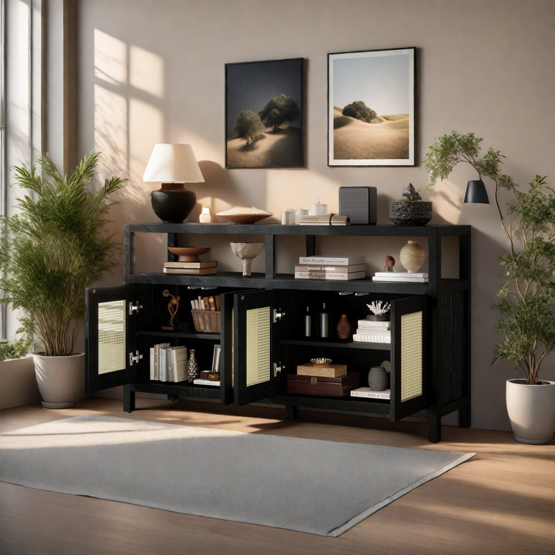 Armoire de rangement en rotin de style bohémien avec structure en bois massif, buffet avec tablettes réglables à 3 positions pour le salon et la salle à manger, conception à pousser sans poignée