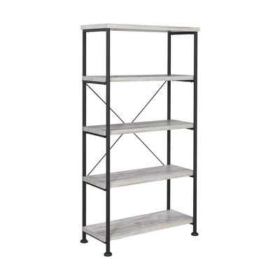 Bibliothèque à 4 tablettes avec finition en bois de grève gris et structure en métal noir, dossier ouvert, idéal pour la conception de cadres de rangement dans la chambre à coucher, stabilité du support de la barre transversale, vaste décor de livres, surface lisse