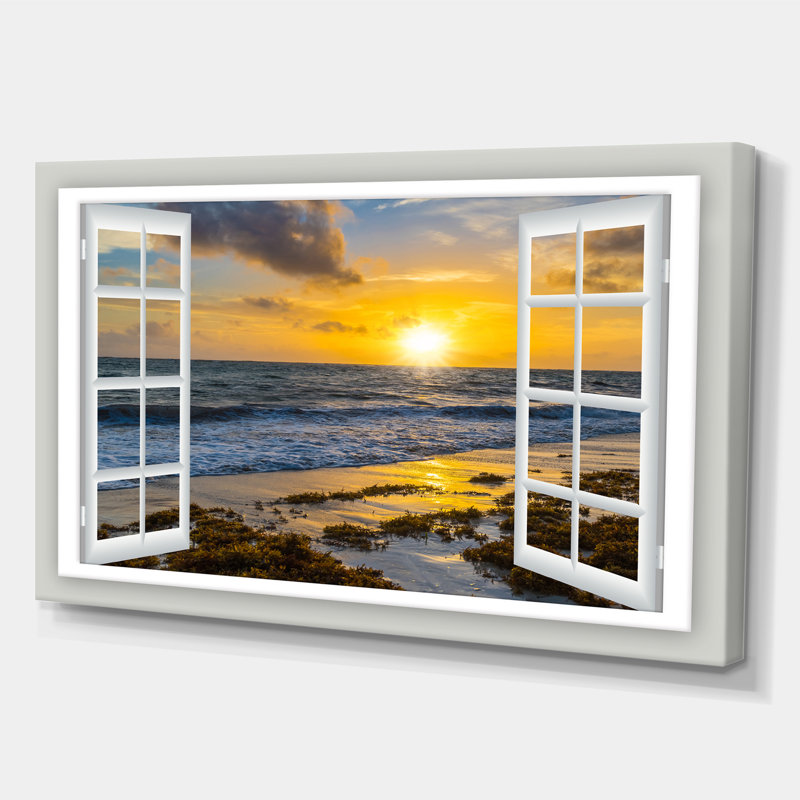Bright Yellow Sunset Landscape Canvas Print with Open Window