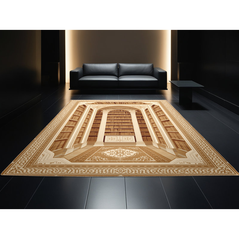 Machine Washable Pavni Library Interior Classic Oriental Rug in Brown – Beige Binding, 7x9