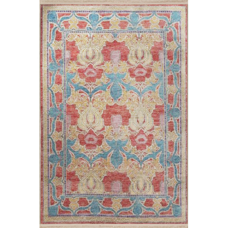 Tapis décoratif beige à motif floral frangé et lavable à la machine, Rectangle 5 pi 1 po x 7 pi 7 po