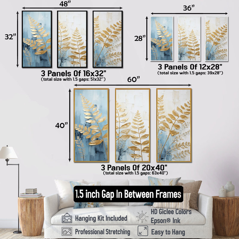 Ensemble de salon art mural bleu et doré, H 40 po x l 60 po x P 1 po, Cadre flottant blanc