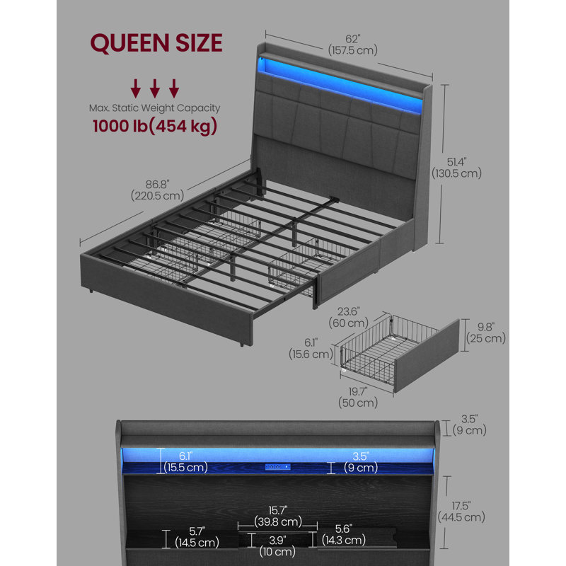 Ranell Queen Bed Frame with 51.4-Inch Tall Storage Headboard, with 4 Storage Drawers on Wheels, LED Lights, Charging Station