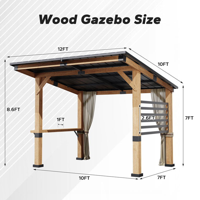 12 pi. L 10 pi. D Pavillon de jardin en bois massif avec toit en acier