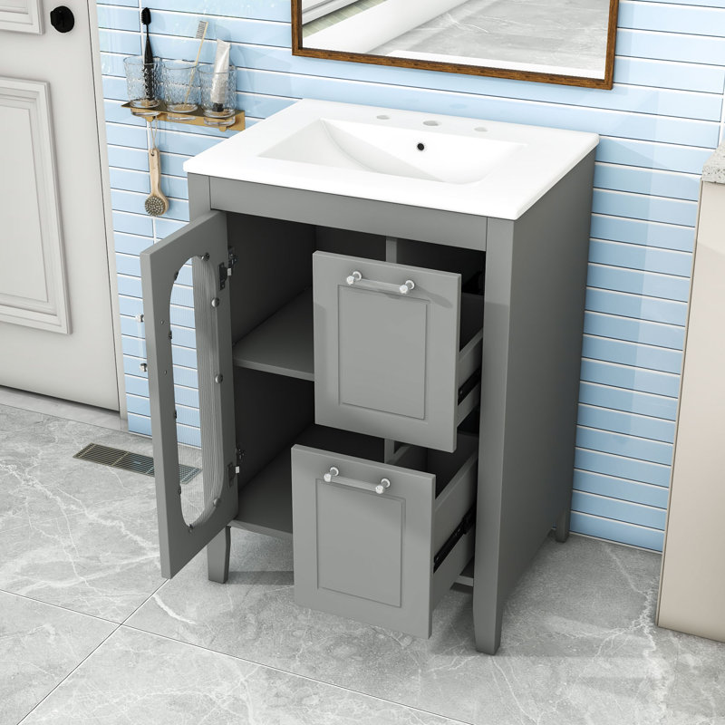 Meuble-lavabo moderne 24 po avec lavabo en céramique, tablettes réglables et 2 tiroirs, Gris