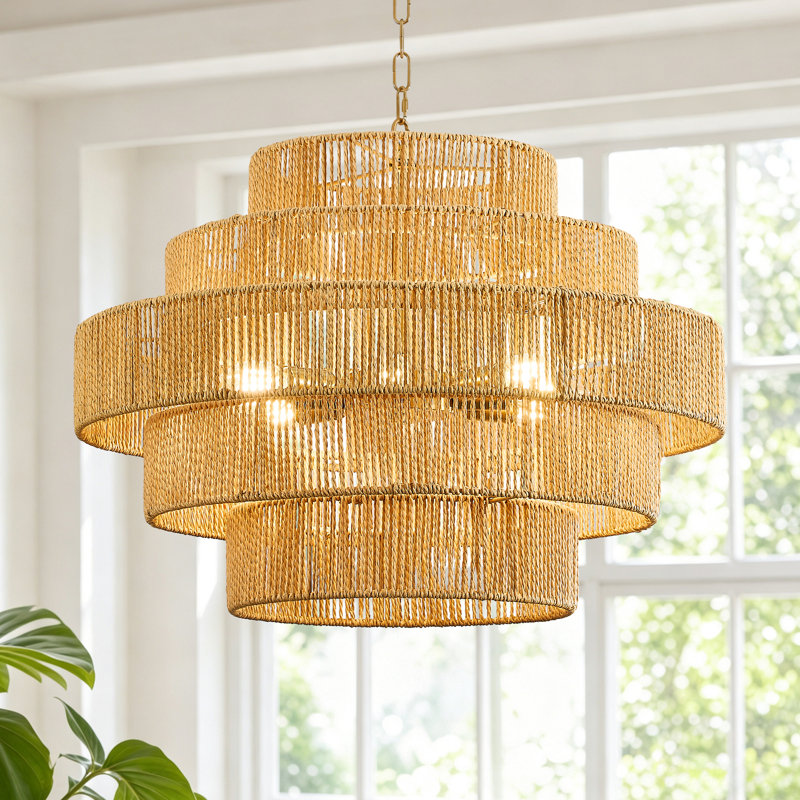 Lustre en rotin tissé à la main à 8 lumières à intensité variable
