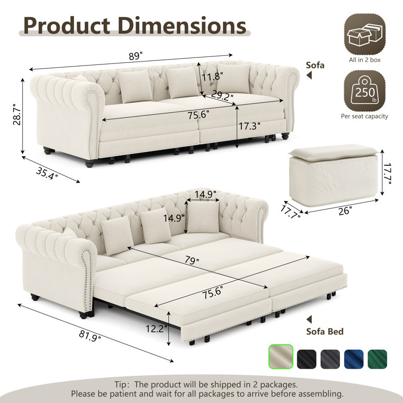89" Velvet Sleeper Sofa Bed, Pull-out Convertible Couch Bed, Upholstered Chesterfield Sofa Bed with 4 Pillows, Beige, Beige