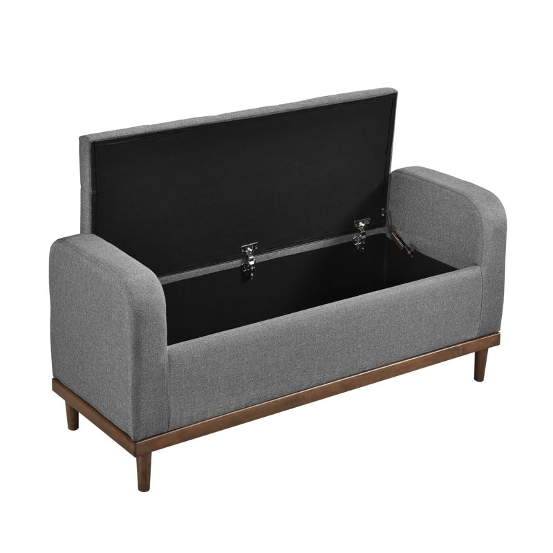 Banc de rangement gris de style Mid-Century rembourré gris, dessus de chambre à coucher relevable, banc en bois massif avec finition noyer