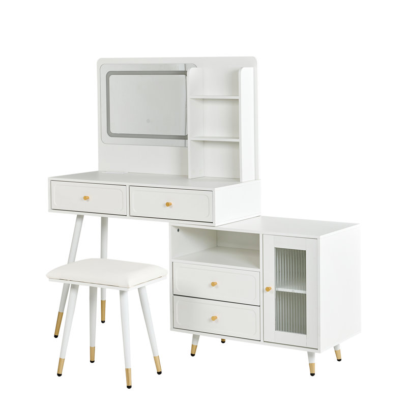 White Makeup Vanity With 3 - Color High Definition Led Mirror, Adjustable Cabinet Length, Storage Drawers, And Power Strip Lighting, Retractable Side Cabinet, Shelves, Built In Charging