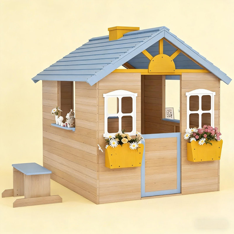 Maisonnette d'extérieur en bois pour enfants, Bleu / naturel / blanc / jaune