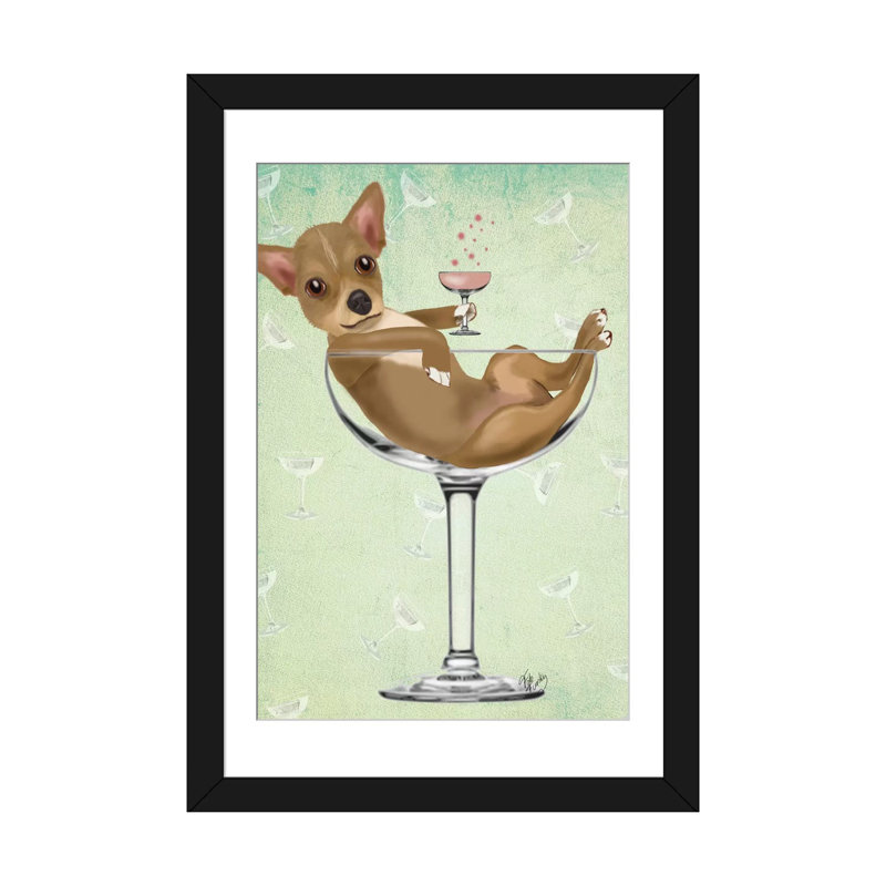 «Chihuahua in Cocktail Glass», impression sur toile, H 24 po x l 16 po x P 1 po, Papier d'art encadré noir, Blanc