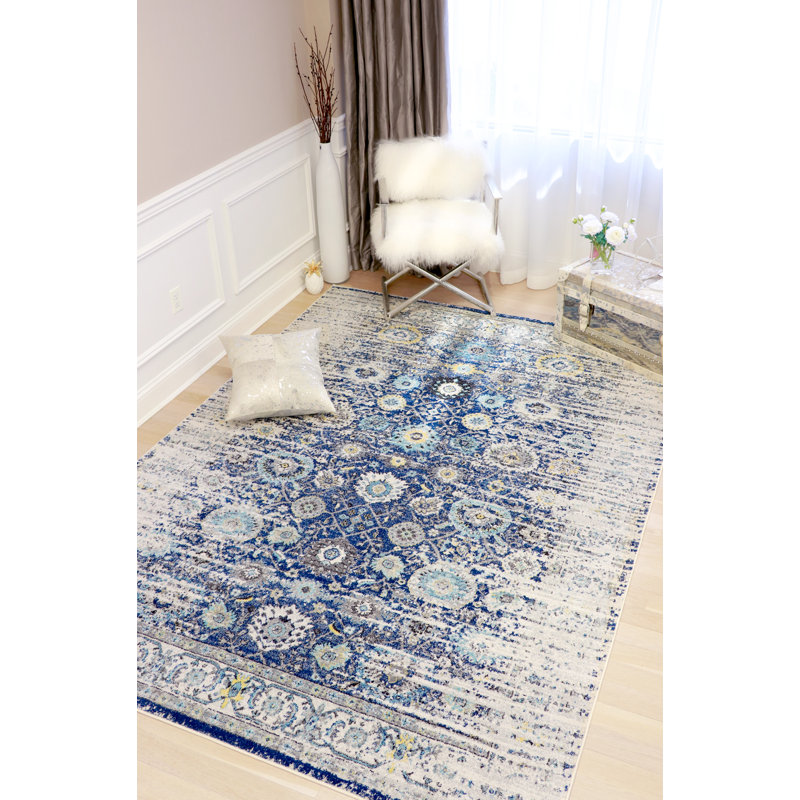Silver and Blue Rectangular Synthetic Oriental Rug 4' x 6'
