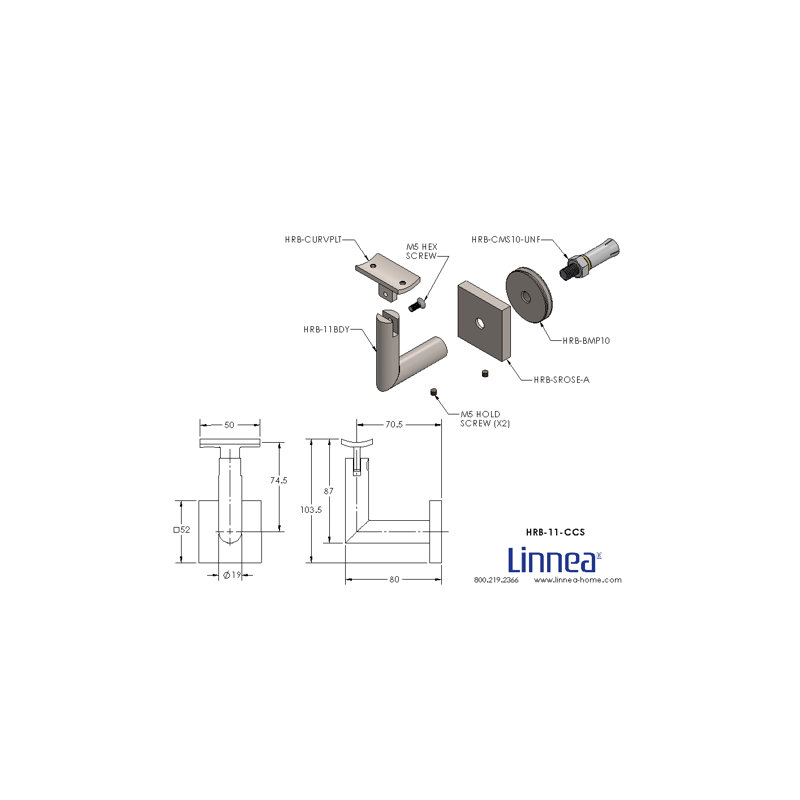 Concrete Mount Handrail Bracket with Square Rose and Curved Plate, Satin Stainless Steel