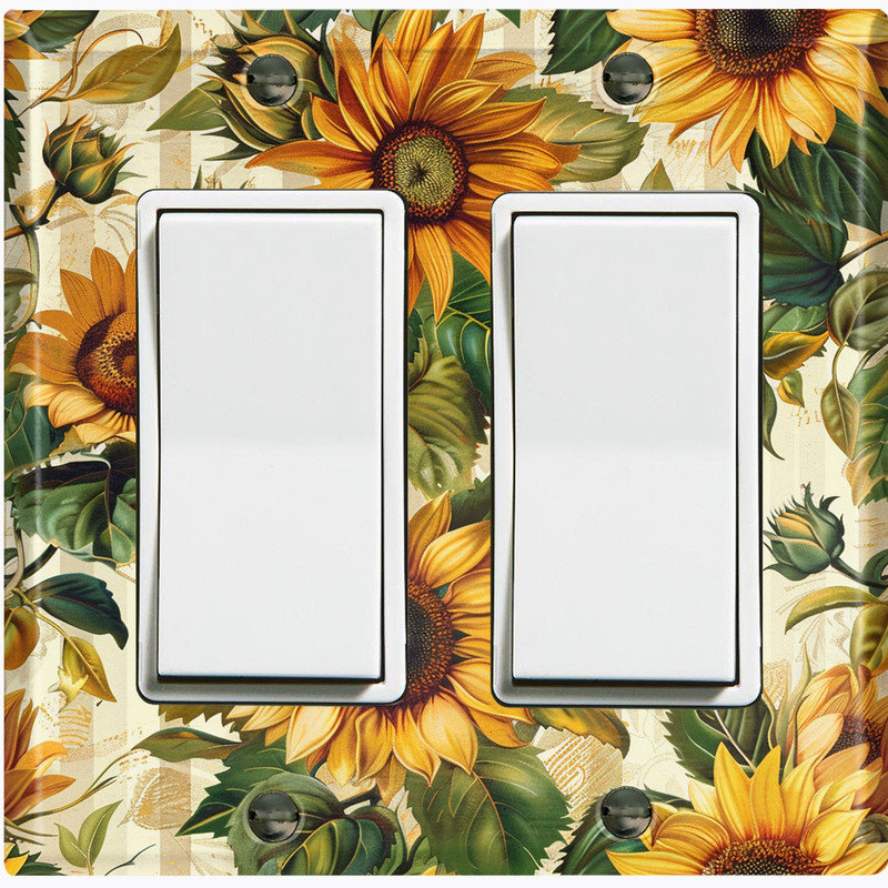 Couvercle de plaque d'interrupteur en métal; Bascule GFI de taille standard US - tournesols rétro, #6 Double GFI / Rocker