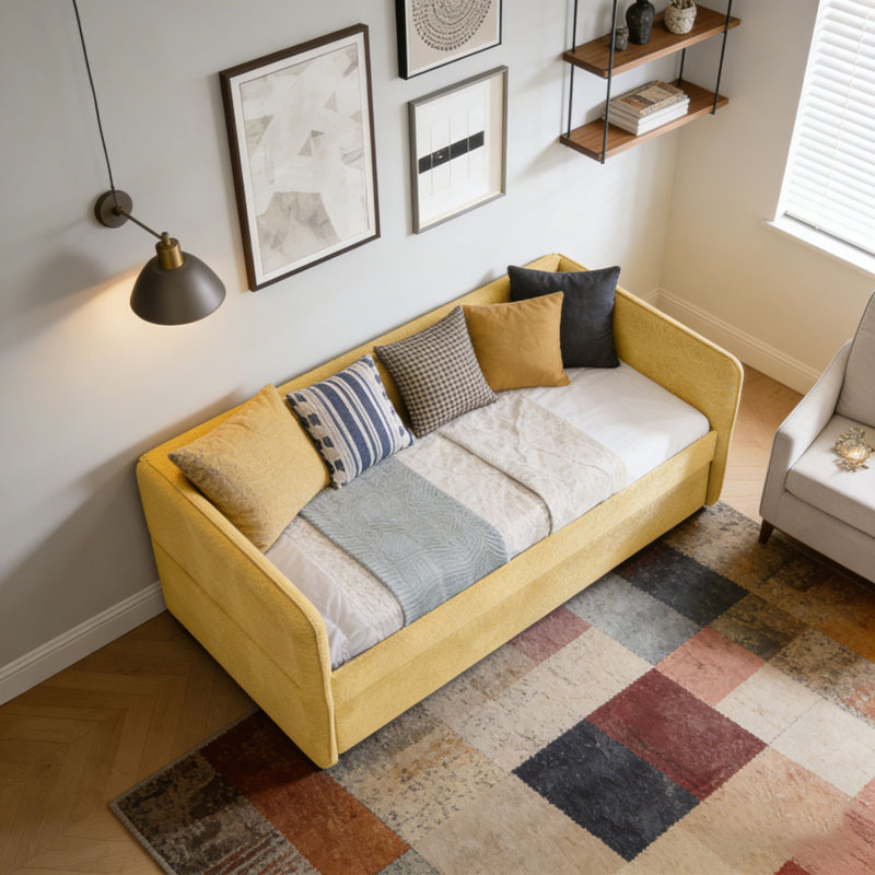 Lit de jour en tissu Boucle, Simple 1, Jaune - Lit gigogne escamotable