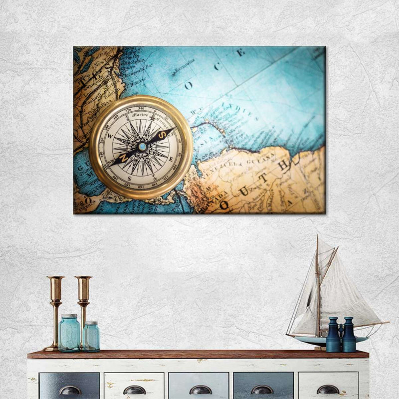 Boussole en métal sur toile, H 20 po x l 30 po x P 1,25 po
