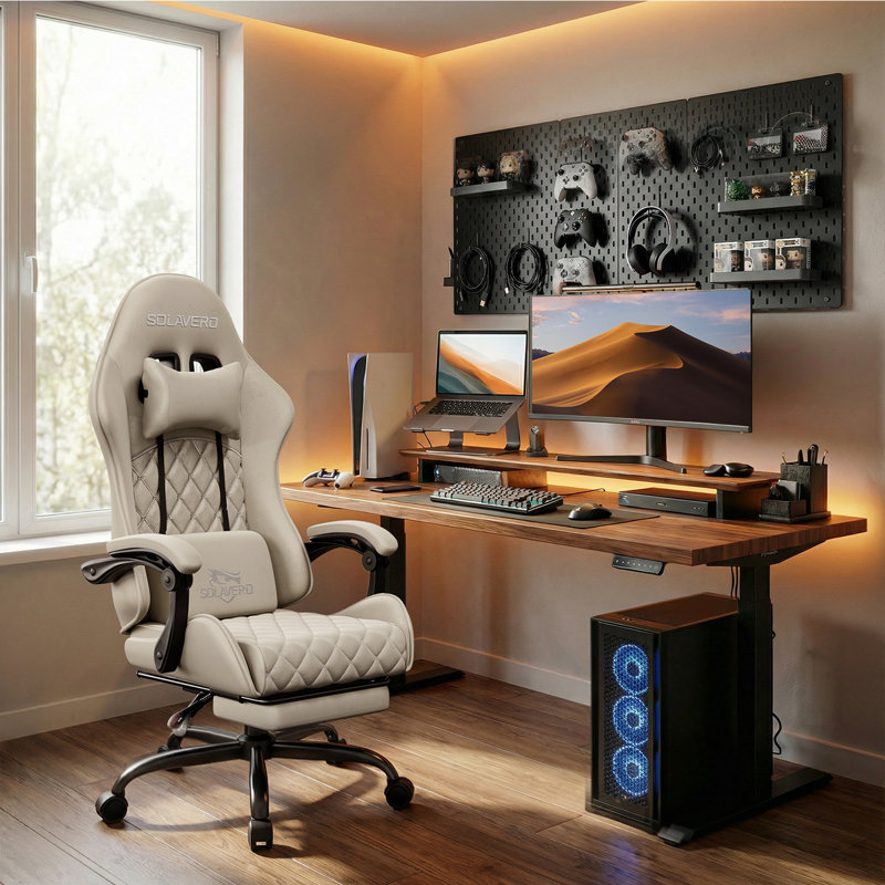 Metro Lane Adjustable Reclining Ergonomic Swiveling PC & Racing Game Chair with Footrest, Beige