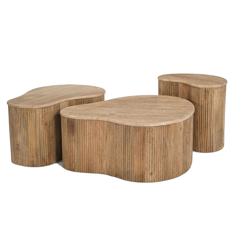 Ensemble de 3 tables basses Cid Ata, marbre beige, bois de manguier massif artisanal