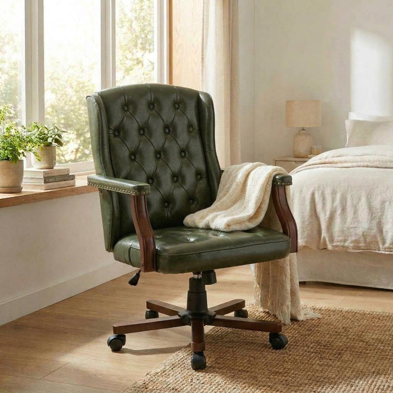 Ergonomic Executive Office Chair, Faux Leather Wingback, Adjustable Height, Sturdy Wood Base, Green