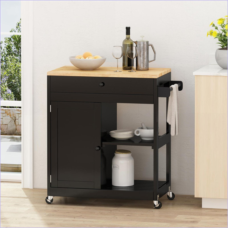 Chariot pour îlot de cuisine avec plateau en bois massif, rangement mobile de 32 po Roulettes à roulettes | Noir | Bois