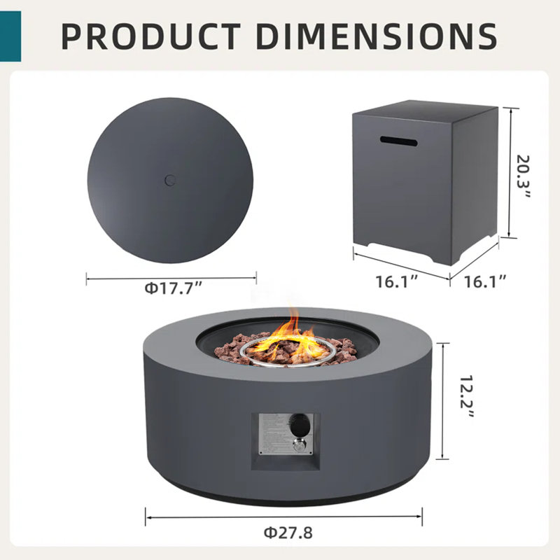 Table de foyer d'extérieur au propane en fer H 16,1 po x l 27,8 po avec couvercle