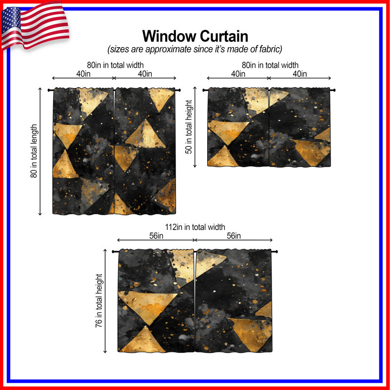 Rideaux de fenêtre abstraits dorés triangulaires transparents et obscurcissants - 2 panneaux, 40 po x 60 po - 2 panneaux