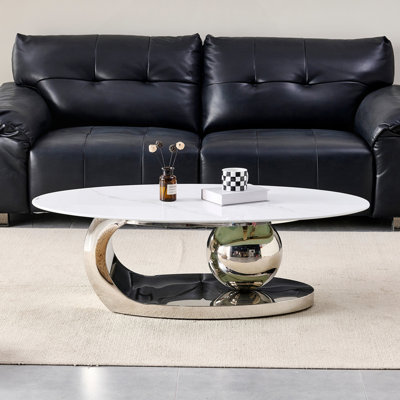 51.20 Inch Oval Faux Marble Coffee Table for Living Room,Modern design,White marble pattern,Silver Stainless Steel Base.