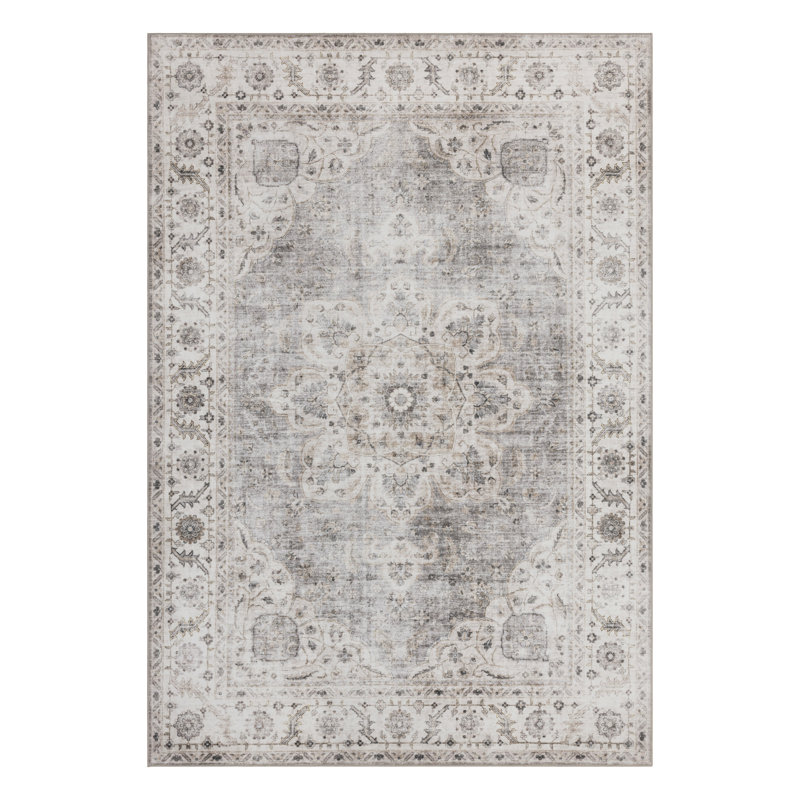 Lefkothea Joy Vintage Beige Ivory Machine Washable Area Rug, Rectangle 3' x 5'