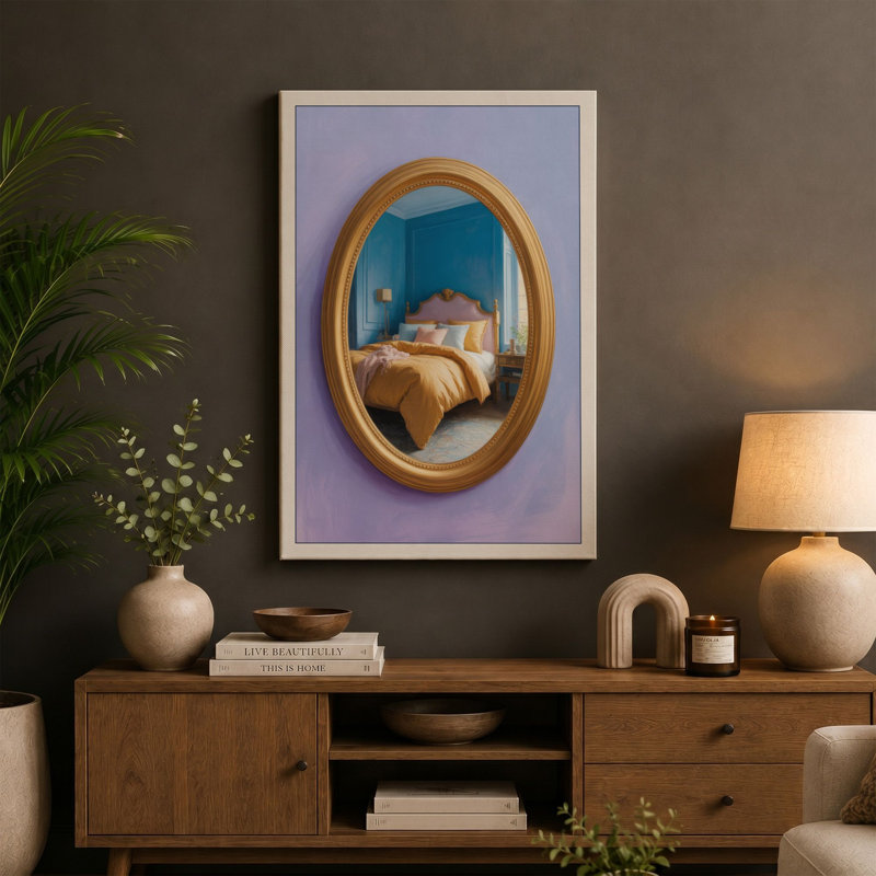 Mirror into Interior Minimalist - Wrapped Canvas, 24x16 - 61.0 x 40.6 cm, Teal Border