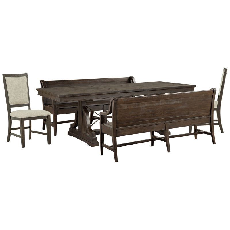 Extendable Trestle Dining Table With 2 Benches And 2 Upholstered Side Chairs, 5 Pieces: Table, 2 Benches, 2 Chairs