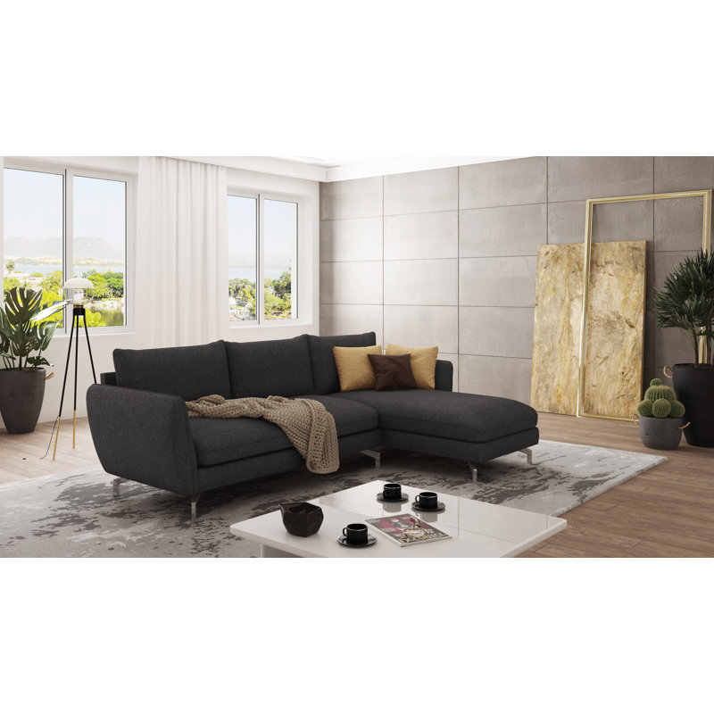 Modern L-Shape Corner Sofa Kimo with Silver Metal Legs, Right Hand Facing, Graphite