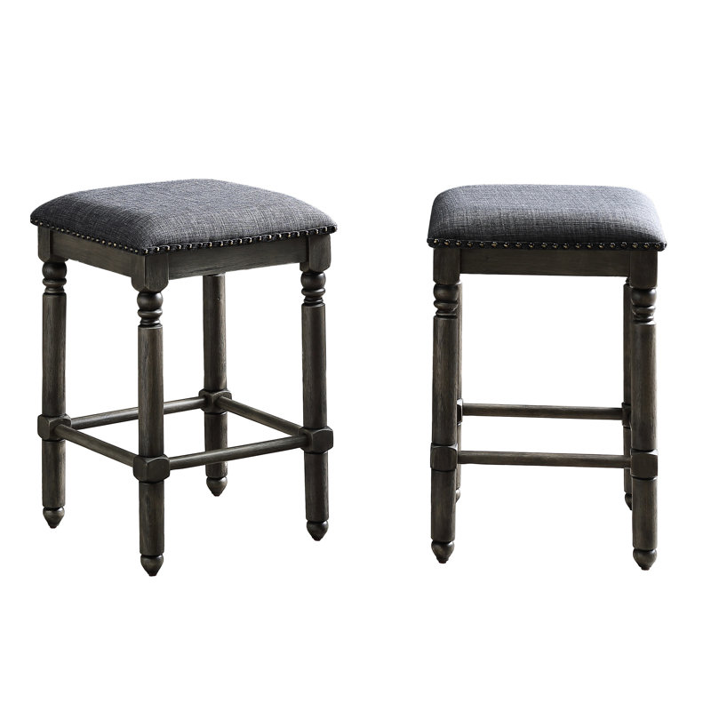 Grey Counter Height Stool Of 2 - Upholstered In Tan Fabric With Bronze Nailhead Trim, Made Solid Rubber Wood And Plywood, Rustic Chic Design, 16"W X 16"D 24.47"H, Assembly Needed 2 Seat Style,