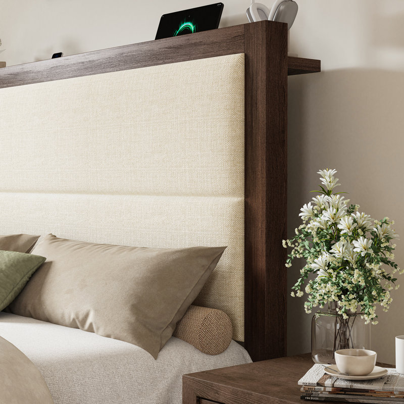Lit plateforme en bois massif avec tête de lit tapissier, beige, Queen, Beige