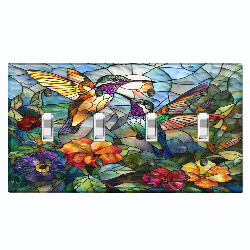 Couvercle de plaque d'interrupteur en métal; Impression de vitrail de colibri floral taille US standard, #4 Quad Toggle