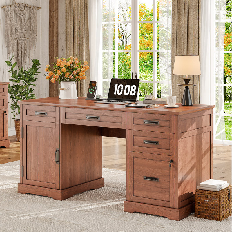 Clabe 55'' Farmhouse Executive Desk with Drawers, File Cabinet and Power Outlets, Cherry Brown