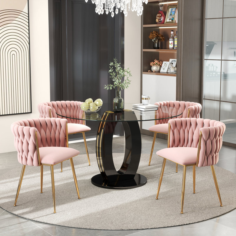 Modern Round Tempered Glass Pedestal Dining Set with Velvet Woven Dininig Chair, Pink/Gold, Black/Gold