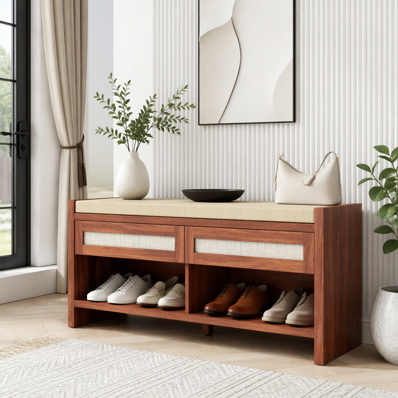 Banc à chaussures avec 2 tiroirs en rotin, banc de rangement à chaussures de style bohème avec assise rembourrée aspect lin et étagère ouverte