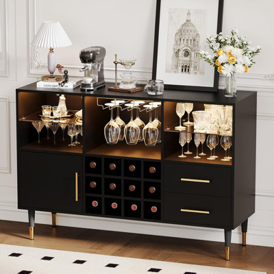 47 Inch Wine Bar Cabinet with Storage, Led Lights & Charging Station, Wood Coffee Bar Station, Modern Sideboard Buffet Cabinet for Living Room Apartme by Wrought Studio