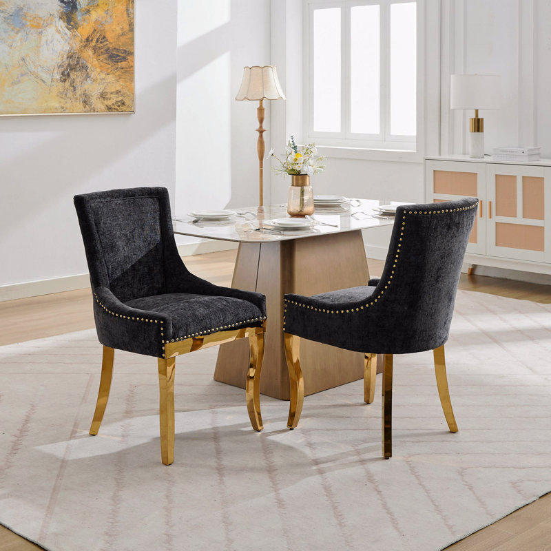 Chaises de salle à manger en chenille, style moderne avec pieds courbés plaqués or et garniture de rivets, confort rembourré