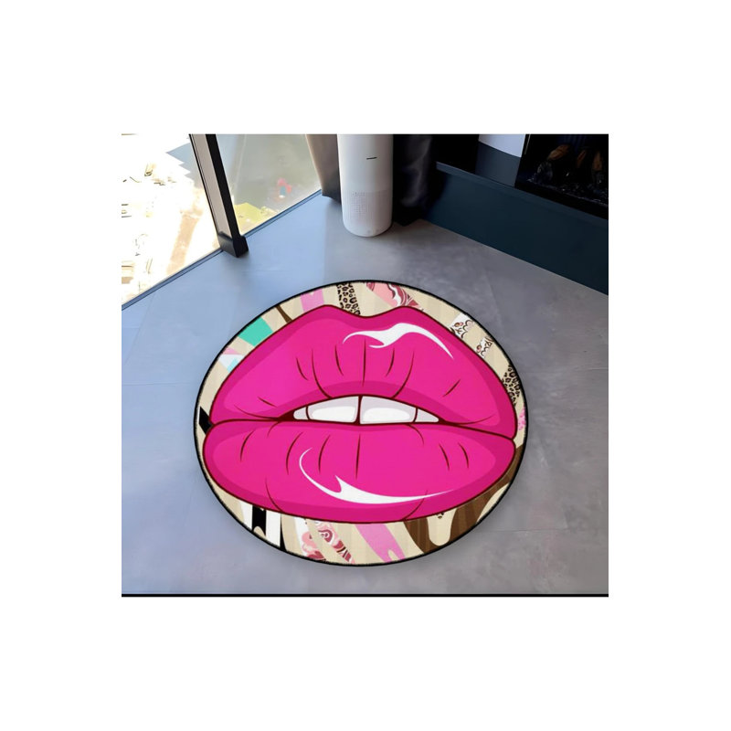 Pink Lip Pattern Detailed Woven Base Modern Decorative Carpet, Round 4'