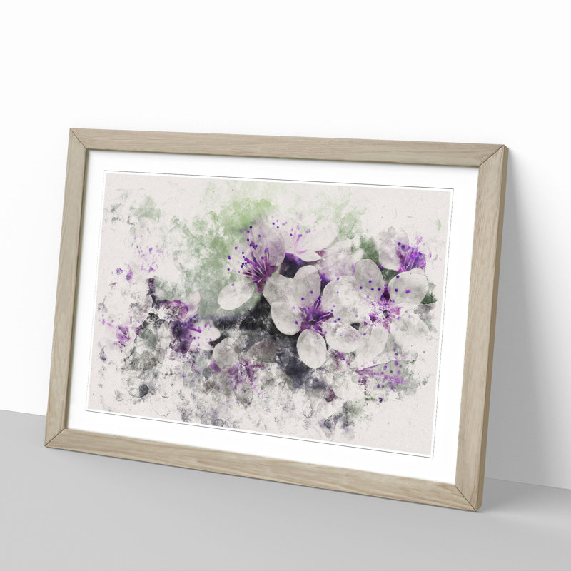 White and Purple Blossoms - Picture Frame Graphic Art, Oak Framed, 27cm H x 36cm W x 2cm D