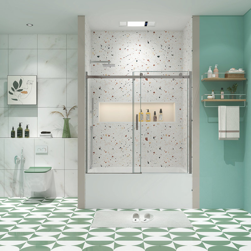 Bathtub shower door, sliding door, with 5/16" tempered glass and Polished finish 6058, Silver